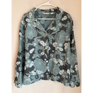 Orvis women’s 100% linen Teal charcoal gray Floral Button-Front Shirt jacket med
